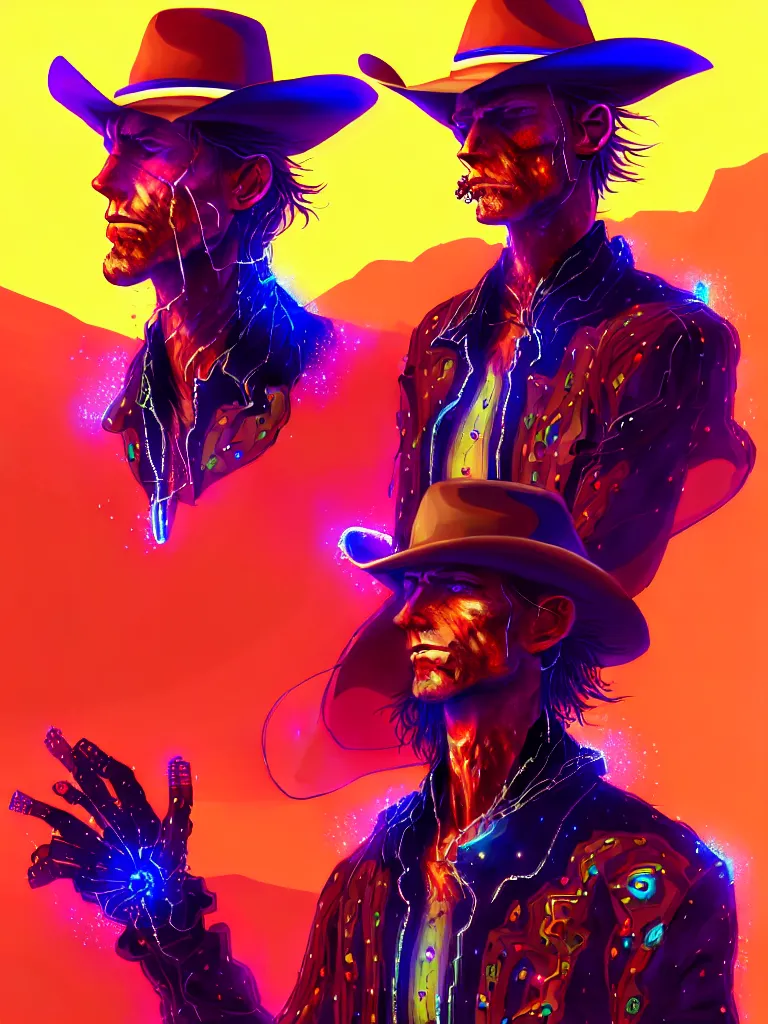 Prompt: portrait of an electric cowboy wearing pulsating western clothes , glitch desert, concept art, static eyes, bony hands , ArtstationHQ, highly detailed portrait, hyper-realism, digital painting,