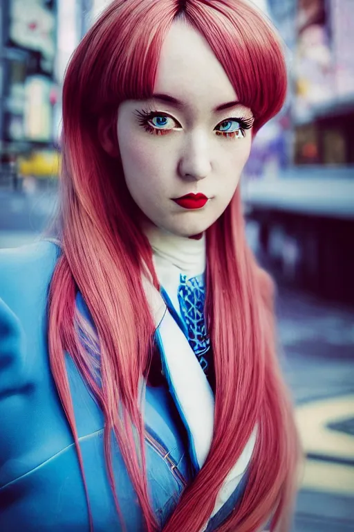 Prompt: Kodak Portra 400,8K,highly detailed: beautiful three point perspective extreme closeup portrait photo in style of chiaroscuro style 1950s frontiers in cosplay art nouveau tokyo seinen manga street photography fashion edition, tilt shift zaha hadid style anime tokyo background, highly detailed, focus on model;vaporwave ;blonde hair;blue eyes;negao;tendu pose, negao, neon backlit