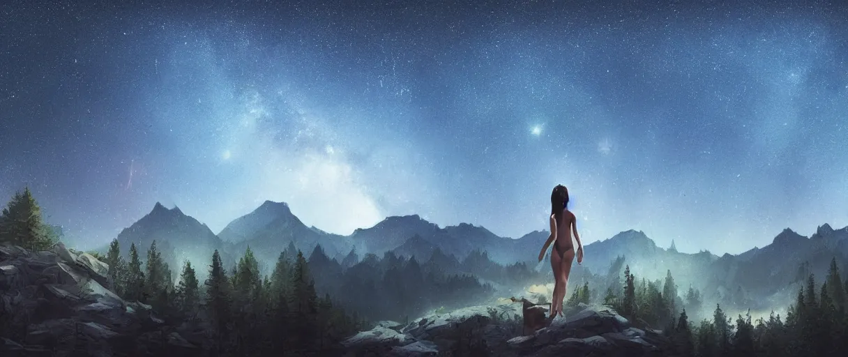 Prompt: digital photography of a ultra detailed night sky with constellations, detailed very beautiful native American girl with short hair swimming in a blue pool, Perseides meteor shower, ultra detailed hill top over behind a forest, large mountains in back, concept art, low angle, high detail, warm lighting, volumetric, vivid, beautiful, trending on artstation, by Jordan Grimmer, no focus, huge scene, ultra detailed trees, F11 aperture, in the style of JIM RICHARDSON