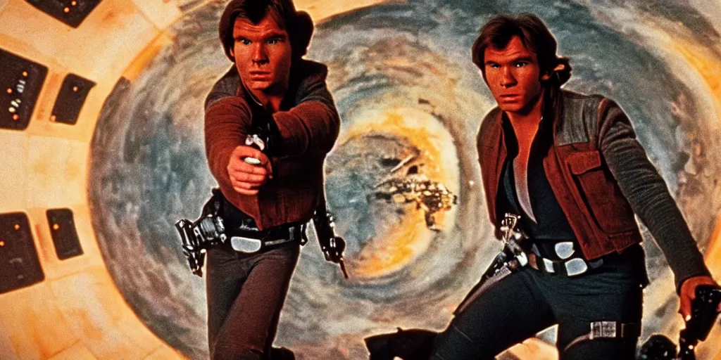 Prompt: screenshot portrait of Han Solo, on a planet of maelstrom, chaos, the world without form and void, 1970s film by Stanley Kubrick, iconic scene, HR Geiger design, stunning cinematography, hyper-detailed, sharp, anamorphic lenses, kodak color, 4k, stunning