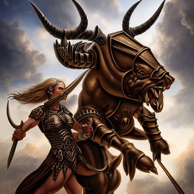 Prompt: armoured minotaur warrior artgerm anne stokes highly detailed 8 k hdr smooth sharp focus high resolution award - winning photo photorealistic