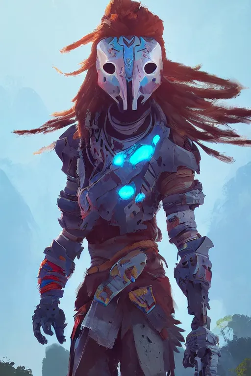 Image similar to combination suit armor aloy horizon forbidden west horizon zero dawn radiating a glowing aura global illumination ray tracing hdr fanart arstation by ian pesty and alena aenami artworks in 4 k tribal robot ninja mask helmet backpack