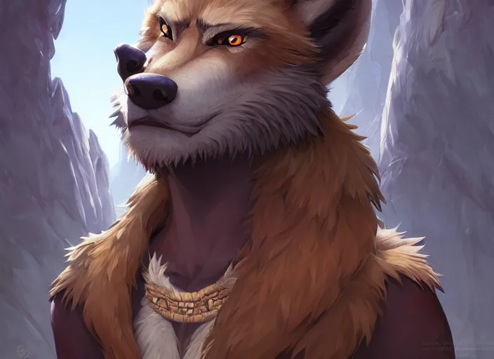 Image similar to character portrait feature of the anthro male anthropomorphic wolf fursona animal person wearing tribal primitive caveman outfit belt standing in the entrance to the cave, well framed character design stylized by charlie bowater, ross tran, artgerm, makoto shinkai, detailed, soft lighting, rendered in octane