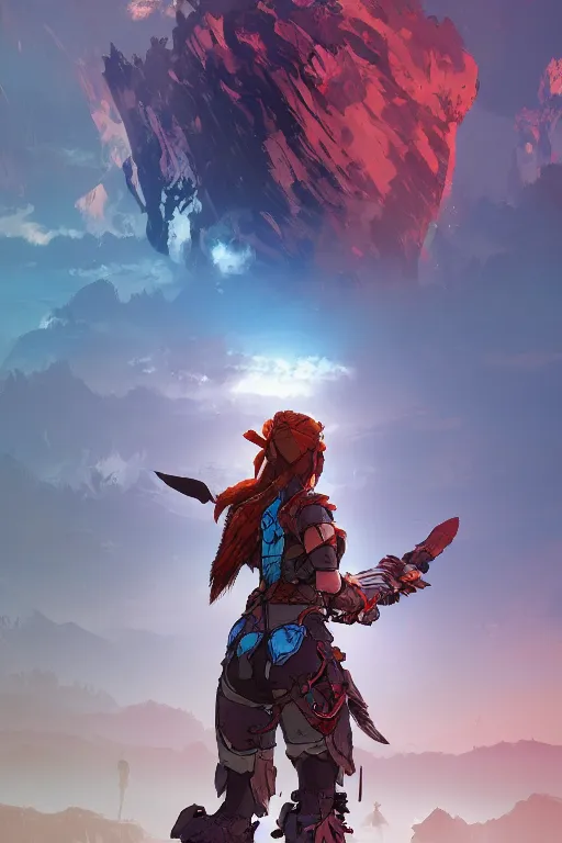 Image similar to combination suit armor aloy horizon forbidden west horizon zero dawn radiating a glowing aura global illumination ray tracing hdr fanart arstation by ian pesty and alena aenami artworks in 4 k tribal robot ninja mask helmet backpack