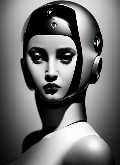 Image similar to surreal mythical dreamy dark artistic black and white fine art fashion portrait photo of a young beautiful delicate female metropolis robot loving the universe, spiritual, halo, glory, rim light, cinematic, studio dramatic light, poetic, masterpiece, octane render, 8 k, photo - realistic by william bouguereau man ray