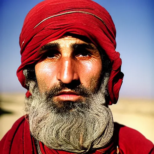 Image similar to portrait of felix beiderman as afghan man, green eyes and red scarf looking intently, photograph by steve mccurry