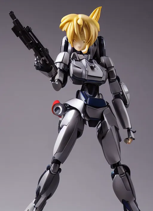 Prompt: toy design,Girl in mecha cyber Armor, portrait of the action figure of a girl, with bare legs， holding a weapon，gundam style， anime figma figure, studio photo, 70mm lens,