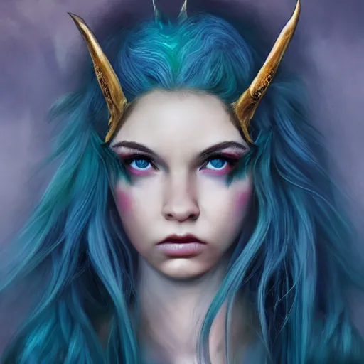 Prompt: The dragon girl portrait, portrait of young girl half dragon half human, dragon girl, dragon skin, dragon eyes, dragon crown, blue hair, long hair, highly detailed, cinematic lighting, Matte painting by David Lynch