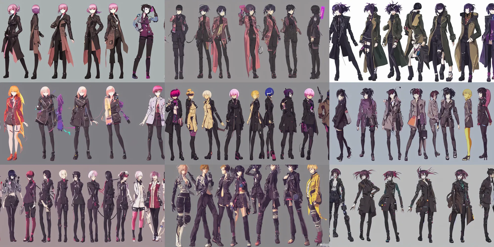 Prompt: detailed anime full body cyberpunk detective wearing trench coat female colourful character concepts by senior concept artist, cel shaded, clear forms, strong shapes, concept art, in the anime film, featured on artstation, anime aesthetic