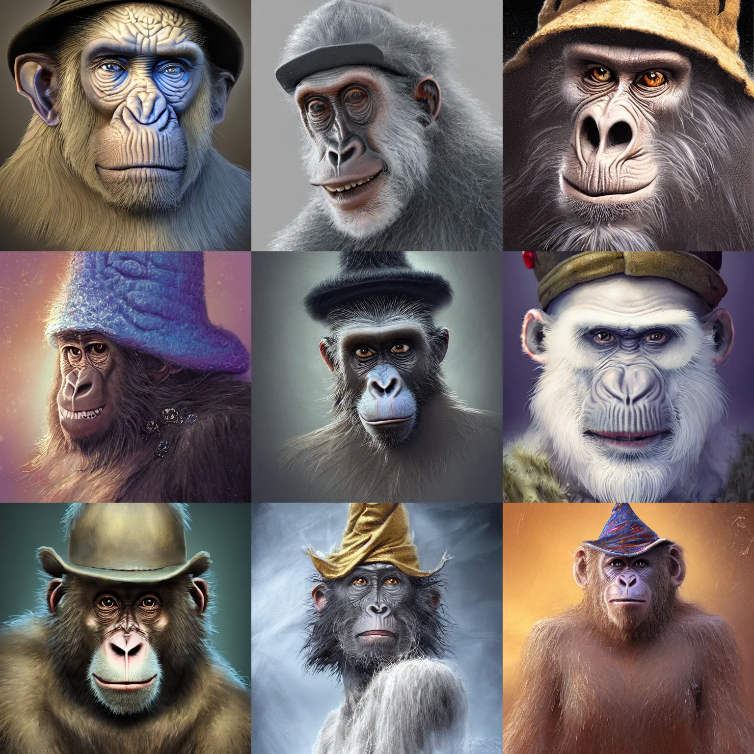 Image similar to a wlop 3 d render of very very very very highly detailed beautiful mystic portrait of a horror ape mage with stylish hat and frosty background by anton pieck, intricate, extremely detailed, micro detail, digital painting, artstation, concept art, smooth, sharp focus, illustration, intimidating lighting, incredible art,