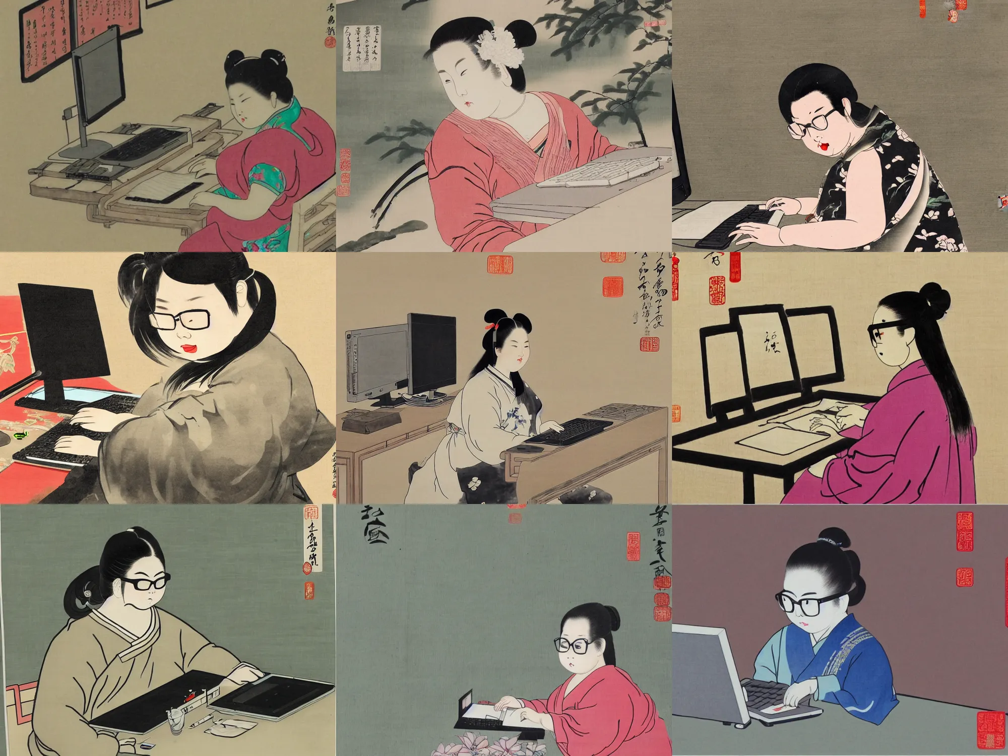 Prompt: a chinese painting of one chubby girl with glasses typing in front of a desktop pc