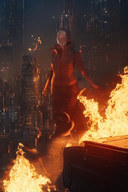 Image similar to in the foreground Saint Petersburg, in the background a magnificent young blonde woman from behind playing with flames coming out of her hands wearing a long matrix-style jacket, realistic, high definition, many details, dramatic scene, symmetrical face, realistic eyes, cyberpunk art 2077