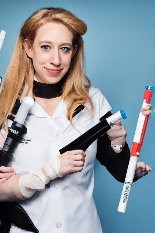 Image similar to elizabeth holmes as a psychopath nurse holding a giant syringe, cosplay, studio lighting