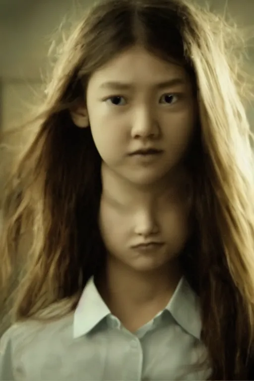 Image similar to a girl merge with parasite monster, still shot from movie