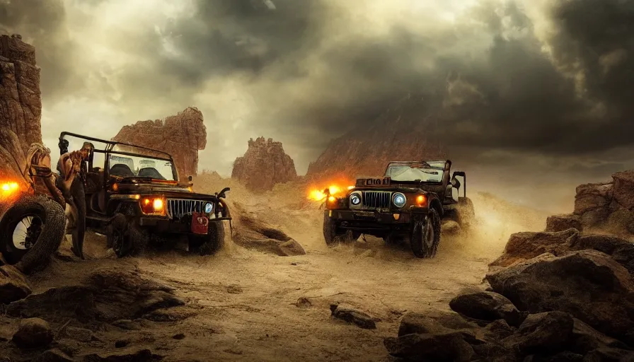 Image similar to Mahindra thar, tribe members attacking, action scene, an epic fantasy, dramatic lighting, cinematic, establishing shot, extremely high detail, photorealistic, cinematic lighting, artstation, by christopher nolan, horizon forbidden west