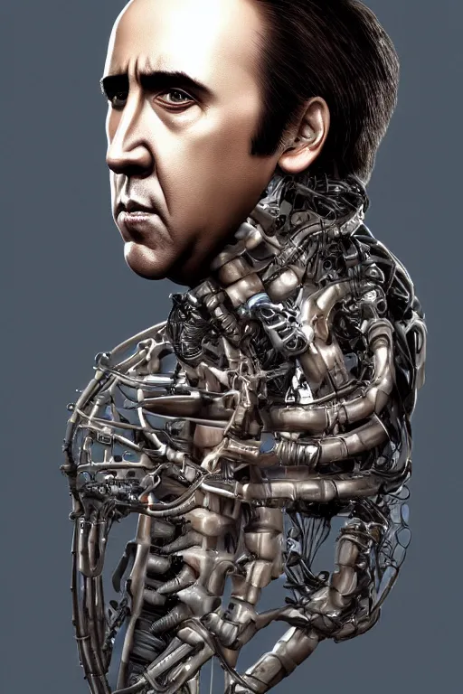 Image similar to Nicolas Cage as biomechanical cyborg intricate, smooth, artstation, painted by Hans Giger