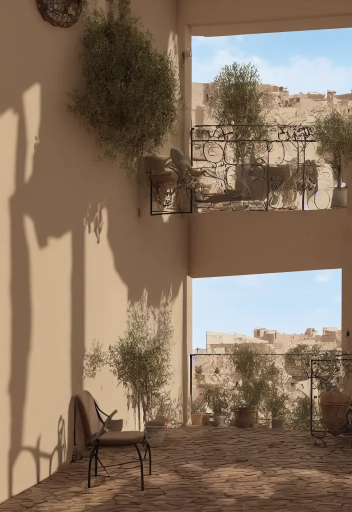 Prompt: italian balcony with a person smoking on a hot weather with desert dunes in the background, realistic, soft natural volumetric lighting, beautifully detailed 4 k octane render, 4 k post processing 8 k