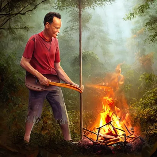 Image similar to Tom Hanks as forrest holding a giant shrimp on a stick over a campfire in the jungle, realistic digital painting, in the style of Aleksi Briclot, photoreailstic, realistic face, amazing detail, sharp