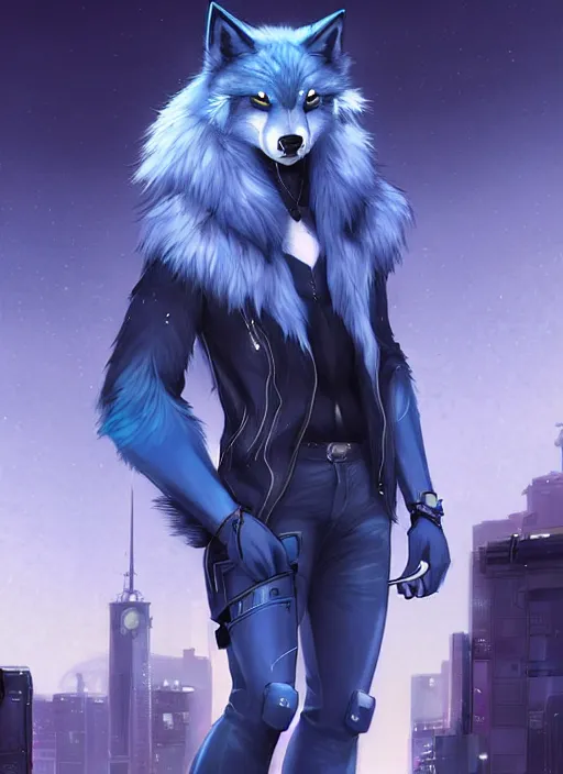 Image similar to award winning beautiful portrait commission of a male furry anthro Blue wolf fursona with a tail and a cute beautiful attractive detailed furry face wearing stylish black cyberpunk clothes in a cyberpunk city at night while it rains. Character design by charlie bowater, ross tran, artgerm, and makoto shinkai, detailed, inked, western comic book art