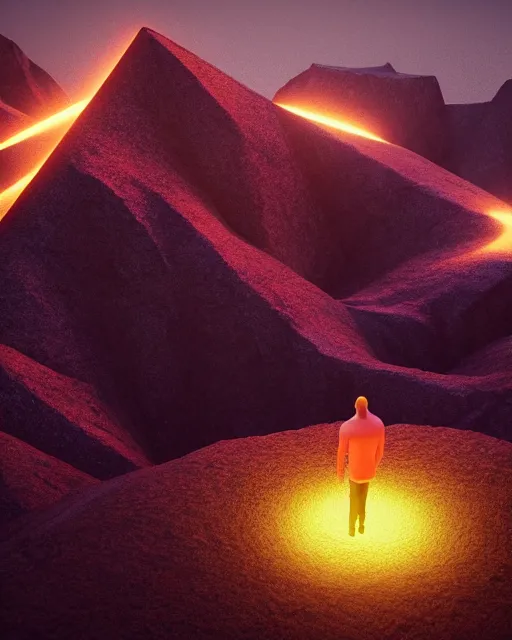 Image similar to a man standing in the middle of a mountain with a glowy triangle, a render by filip hodas, behance contest winner, environmental art, rendered in cinema 4 d, volumetric lighting