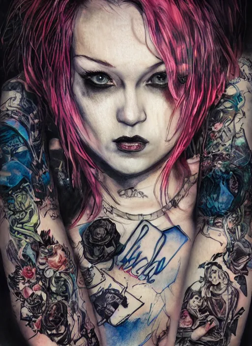 Image similar to portrait, punk rock alice in wonderland, fishnets, tattoos, piercings, watercolor, dramatic lighting, cinematic, establishing shot, extremly high detail, foto realistic, cinematic lighting, pen and ink, intricate line drawings, by Yoshitaka Amano, Ruan Jia, Kentaro Miura, Artgerm, post processed, concept art, artstation, matte painting, style by eddie mendoza, raphael lacoste, alex ross