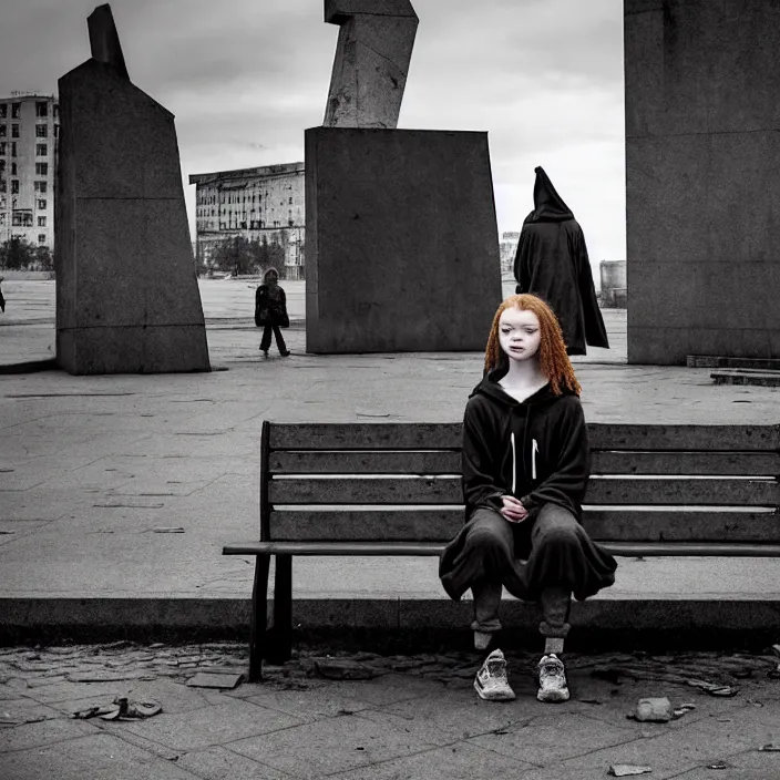 Image similar to sadie sink in hoodie sits on bench in ruined square, pedestrians walk by. background of old soviet monument and pedestrians. storyboard, scifi cyberpunk. by gabriel hardman, joe alves, chris bonura. cinematic atmosphere, detailed and intricate, perfect anatomy