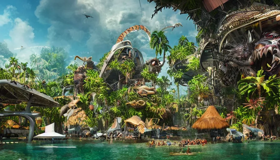 Prompt: Futuristic monster zoo built on a tropical island with lots of tourists during a beautiful day, hyperdetailed, artstation, cgsociety, 8k