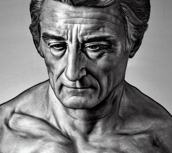 Image similar to a hyper-detailed photograph of Robert DeNiro by Michelangelo in the style of his masterpiece Creation of Man; anatomically correct; trending on artstation; f/1.4; 90mm