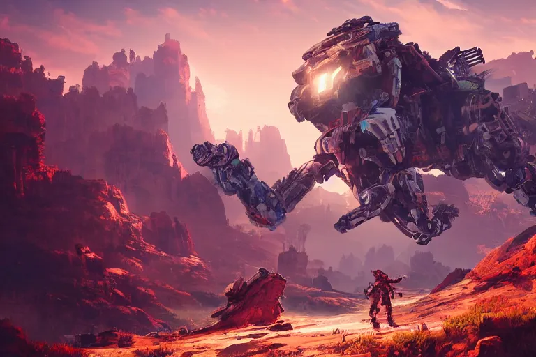 Prompt: rockbreaker machine mecanical creature robot of horizon forbidden west horizon zero dawn radiating a glowing aura global illumination ray tracing hdr fanart arstation by ian pesty and alena aenami artworks in 4 k