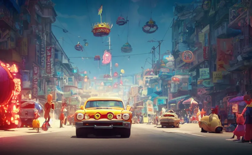 Prompt: a film still carnival floats, trucks, cars , medium shot, waist up, studio Ghibli, Pixar and Disney animation, sharp, Rendered in Unreal Engine 5, anime key art by Greg Rutkowski, Bloom, dramatic lighting