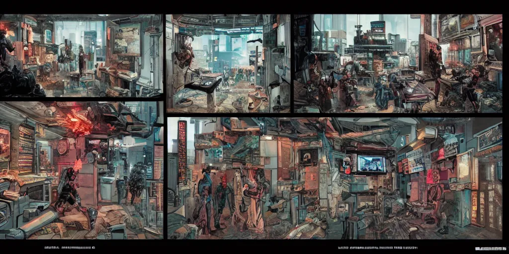 Prompt: full page comic book drawings of cyberpunk apocalyptic office scenes, bold color palette, high contrast, by carel willink and jean giraud, comic book panels, octane render, beserk anime