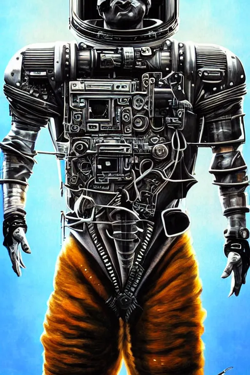 Prompt: a portrait of a muscular anthropomorphic cyberpunk highland cattle space mechanic in spacesuit armor with ensignia on chest plate by sandra chevrier, by jon foster, detailed render, pistol in holster, tape deck, epic composition, cybernetics, 4 k realistic, cryengine, realistic shaded lighting, sharp focus, masterpiece, by enki bilal