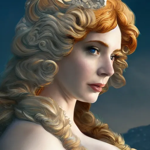 Prompt: Christina Hendricks dressed as the Greek god Aphrodite on Mount Olympus, Highly Detailed, cinematic lighting, intricate, artstation, Artgerm, high detail 8k render, Trending on artstation