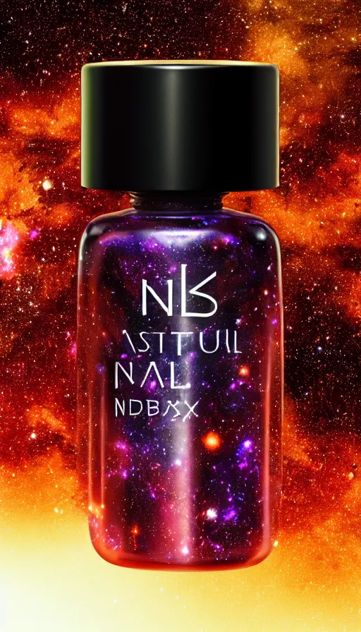 Image similar to a beautiful bottle of nail polish filled with small galaxy's and nebulas, insane, intricate, highly detailed, Zeiss Lens, smooth, sharp focus, Unreal Engine 5, Octane Render, Redshift, 8K