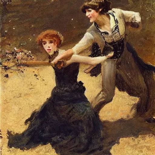 Prompt: a woman fighting a monster by alfred stevens