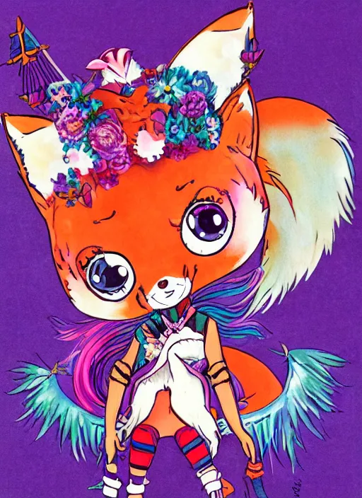 Image similar to A vintage painted illustration of an adorable chibi rogue fox anime girl in the style of Lisa Frank Babs Tarr Hantine Hsu sitting in a couture leather and spike vest that has skulls on it