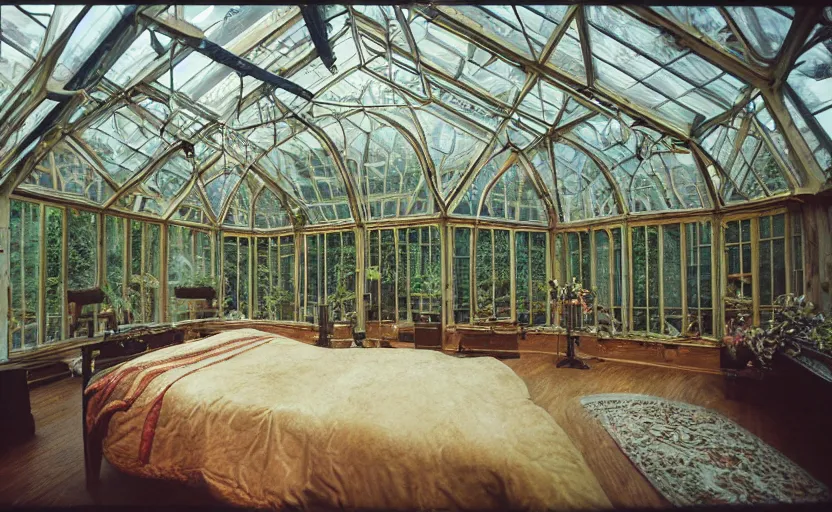 Prompt: a music-instrument themed massive bedroom constructed out of one giant oak tree built inside of a glass Victorian greenhouse. designed by brian froud. cinestill kodak 800 speed film