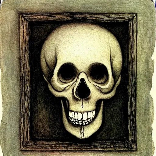 Image similar to A beautiful mixed media art of a skull that is part organic, part mechanic. It is an accurate representation of how the artist sees the world. dolls house by Alfred Kubin balmy