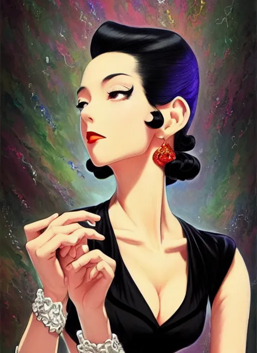 Image similar to a beautiful dancer with black hair in 1940's fashion, ballroom background, intricate, highly detailed, digital painting, artstation, official media, anime key visual, concept art, rich vivid colors, ambient lighting, sharp focus, illustration, art by Artgerm, Makoto Shinkai, Ilya Kuvshinov, Lois Van Baarle, and Rossdraws