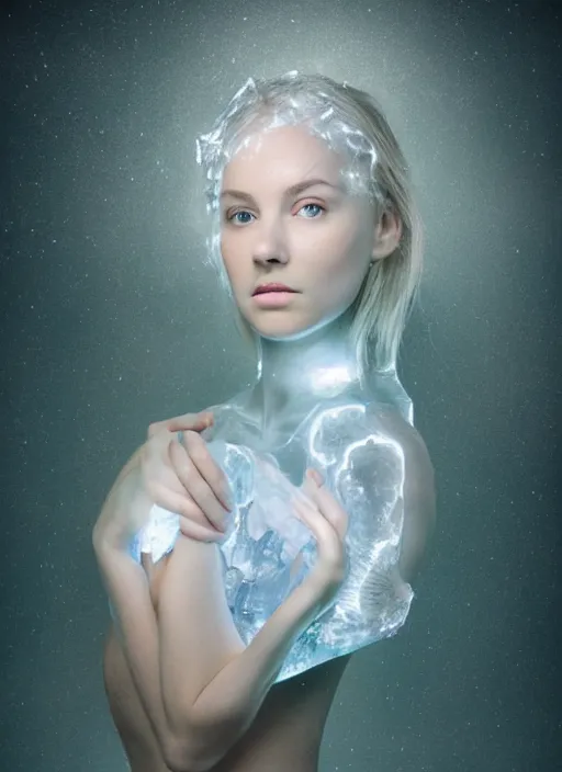 Prompt: beautiful girl with translucent skin heart made of ice glowing from beneath the skin, Oregon's glowing, professional photography, science fiction, biblical