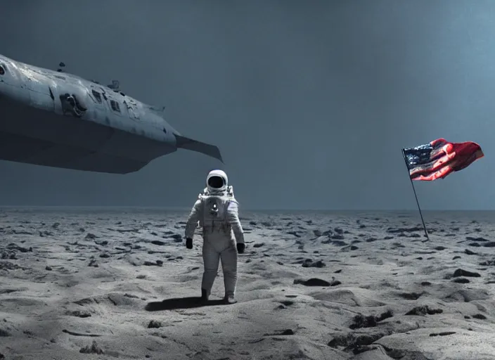 Image similar to astronaut holding a flag in an underwater desert. a submarine is visible in the distance. dark, concept art, cinematic, dramatic, atmospheric, 8 k, trending on artstation, blue, fish, low visibility, fog, ocean floor, christopher nolan, interstellar