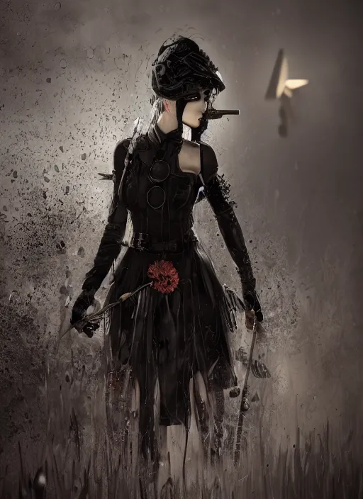 Prompt: a realistic detail portrait of a pretty huntress dress black clock has white hair, battlefield, goth, around flower, abandoned, shining star, traveller, raining, mist by Wolp, Sparth, Paul-chadeisson, Dylan Cole, Jin Kim, black scheme, 8k, Unreal Engine 5