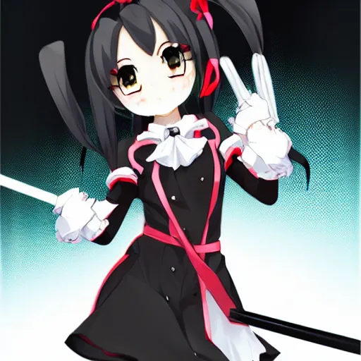 Image similar to a “red-eyed black-haired anime fox girl” “wearing black fingerless-gloves, high-waist-black-skirt, white-collared-shirt blue-open-jacket, black-necktie”, “unsheathing her katana”, white background, visual-key, anime illustration, pixiv, anime-twitter