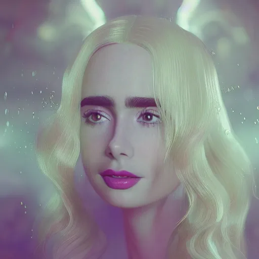 Image similar to a beautiful blonde queen girl lily collins, floating under the deep dream water, beautiful smooth soft light + white petal, oil paint, octane render, unreal engine 5, closeup, 4 k, highly detailed, instagram,