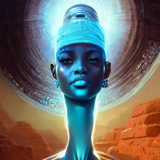 Image similar to highly detailed portrait of an african egyptian goddess, intricate alien technology, stephen bliss, unreal engine, fantasy art by greg rutkowski, loish, rhads, ferdinand knab, makoto shinkai and lois van baarle, ilya kuvshinov, rossdraws, tom bagshaw, global illumination, radiant light, detailed and intricate environment