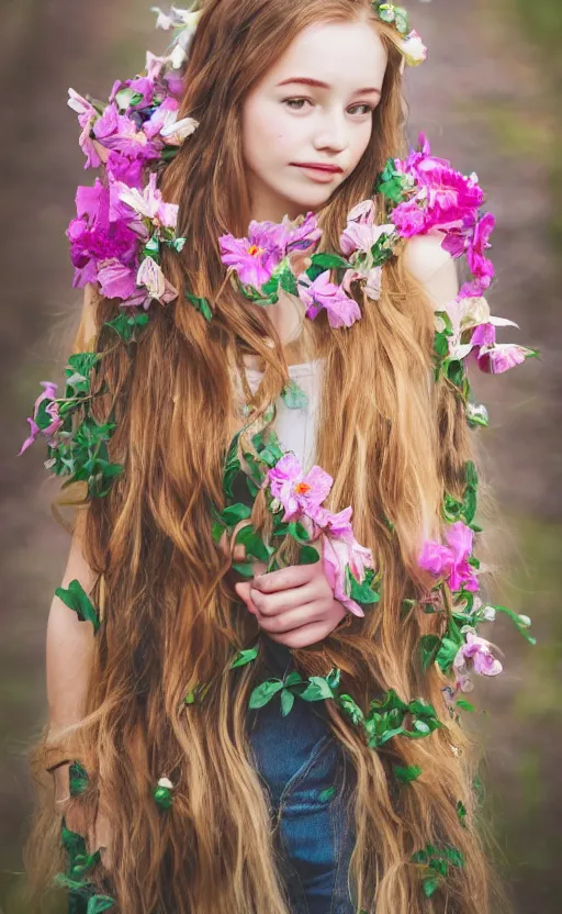 Image similar to portrait of a beautiful young girl with A LOT of flowers in her hair, beautiful composition, modern color palette, 50mm f1.8, ambient light,