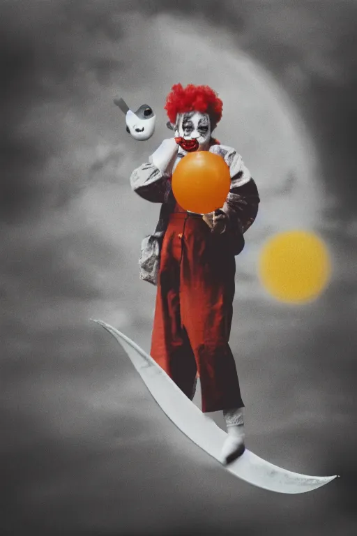 Image similar to clown, eating fish, moon, high res, sky diamonds, film grain