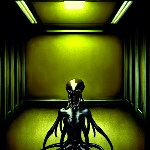 Image similar to black glossy xenomorph, alien movie, endless abandoned office cubicles, pale yellow wallpaper, moist brown carpet, dim fluorescent lighting, artstation, ultra detailed, creepy, dramatic lighting, photorealistic, art by h. r. giger and chris fss