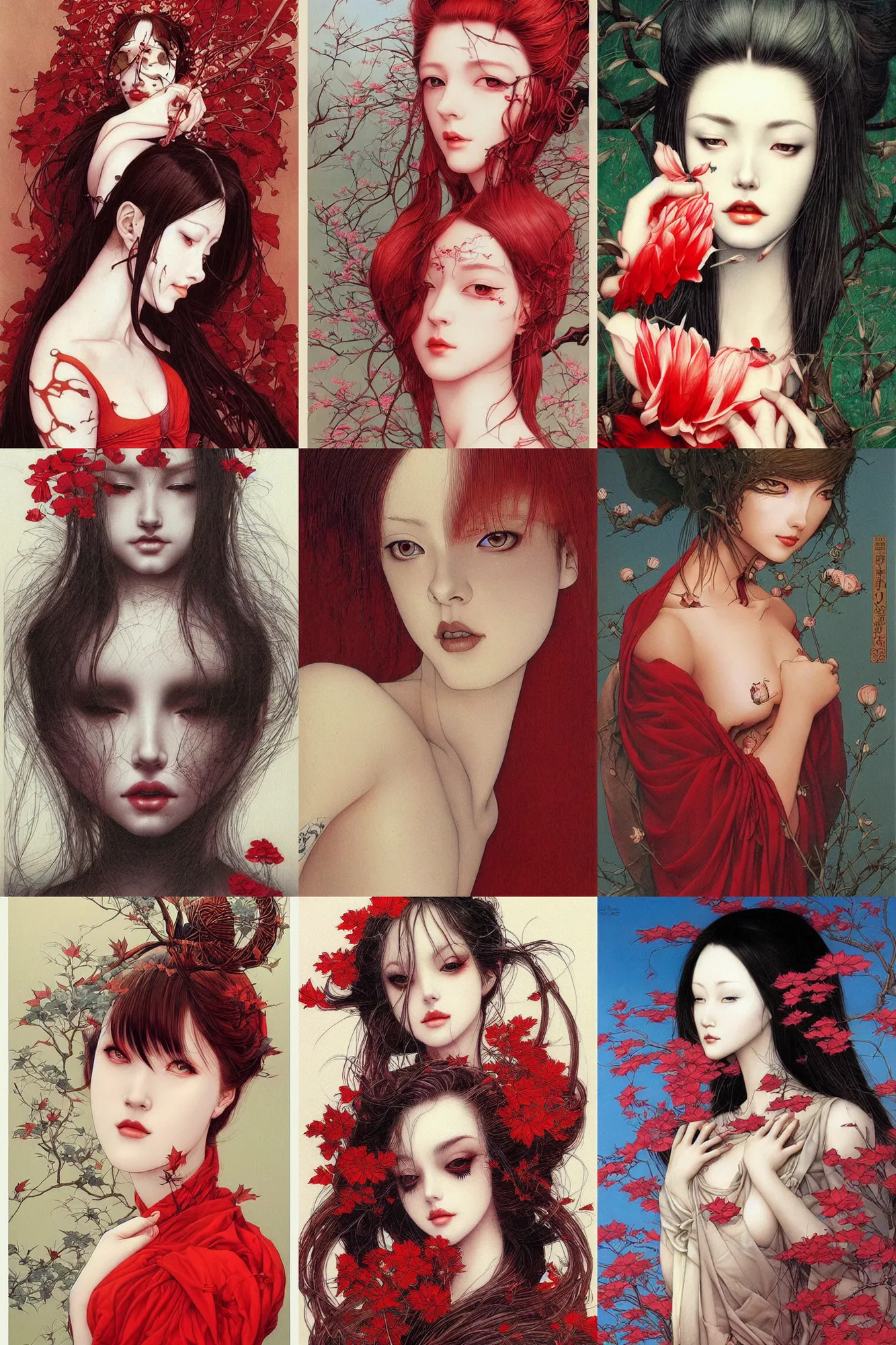 Prompt: painting of a beatiful woman by brain froud, dave dorman, takato yamamoto, red, artgerm