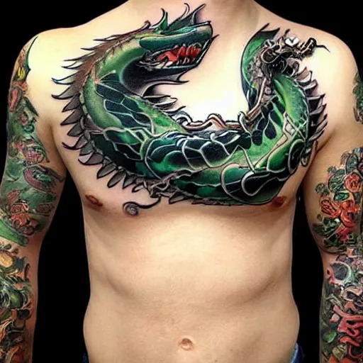 Image similar to anime manga full color dragon!! Emerald and obsidian dragon, forearm tattoo, tattoo